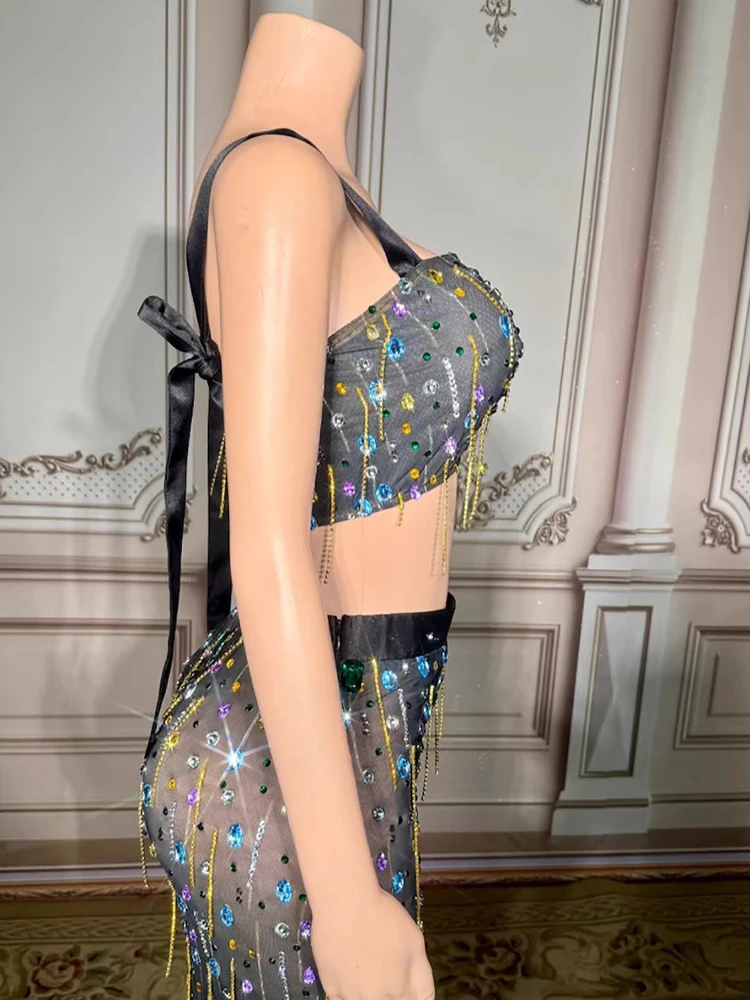 Haute qualité strass gland Sexy poitrine enveloppement + voir à travers maille jupe 2025 nouveaux vêtements pour femmes personnalisés à la mode