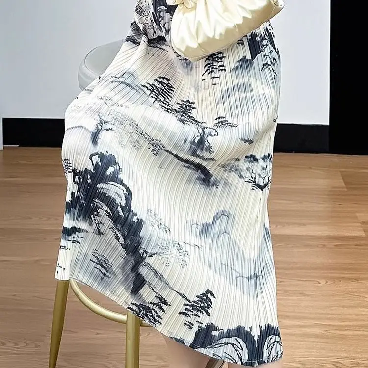 

2025 summer new national style ink painting printing skirt pleated elastic waist thin word pleated skirt