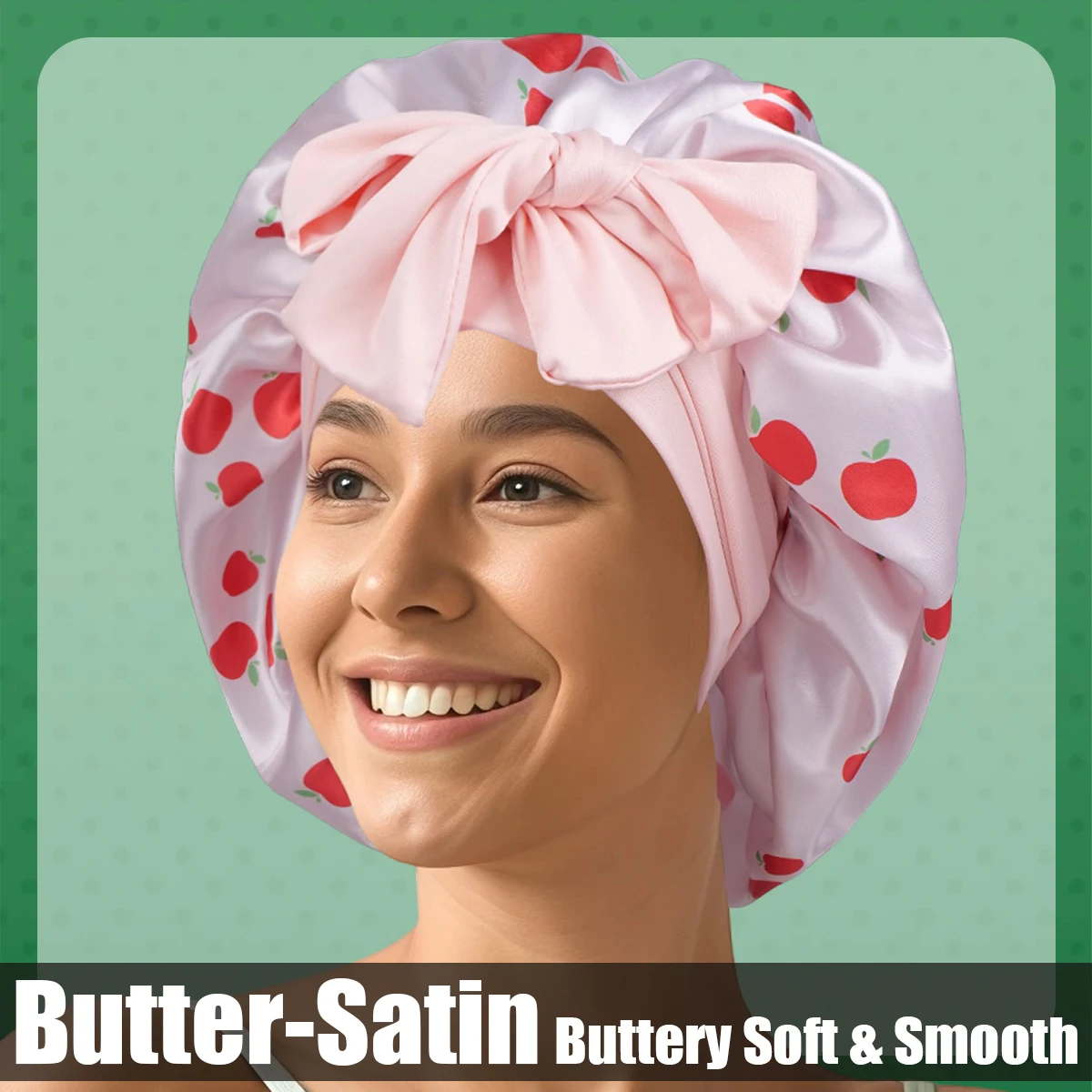 Reversible Satin Sleep Bonnet with Apple Pattern, Double Layer Night Cap, Lightweight & Elastic Hair Cap for Women