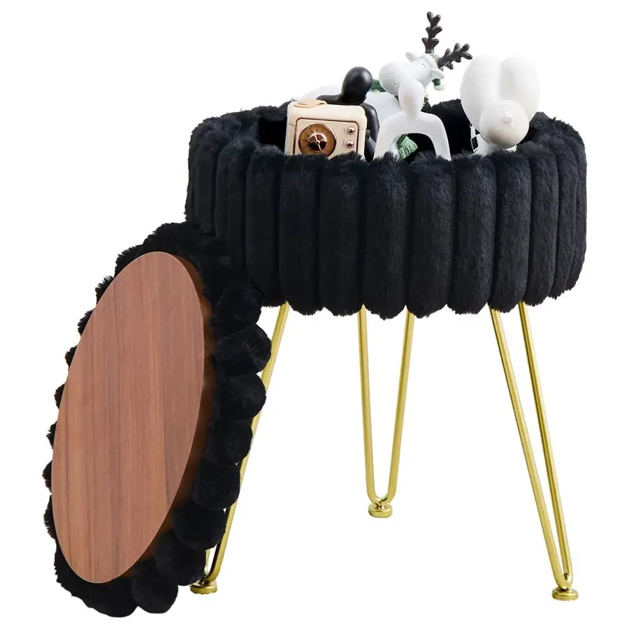 

Vanity Stool with Storage, Faux Fur Ottoman Chair with Metal Legs, Round Makeup Vanity Chair for Bedroom or Dressing Table, Mode
