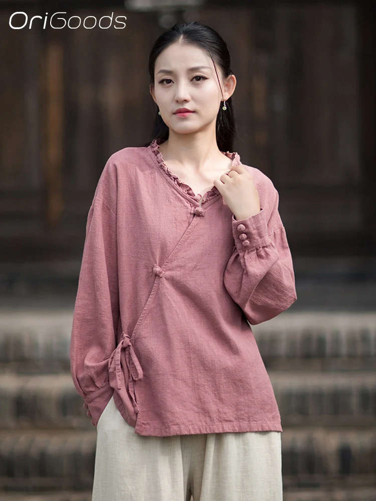 

OriGoods блузка с длинными рукавами, одежда в китайском национальном стиле, хлопковая женская рубашка Ramie, осень 2025, новые топы, винтажные рубашки B331