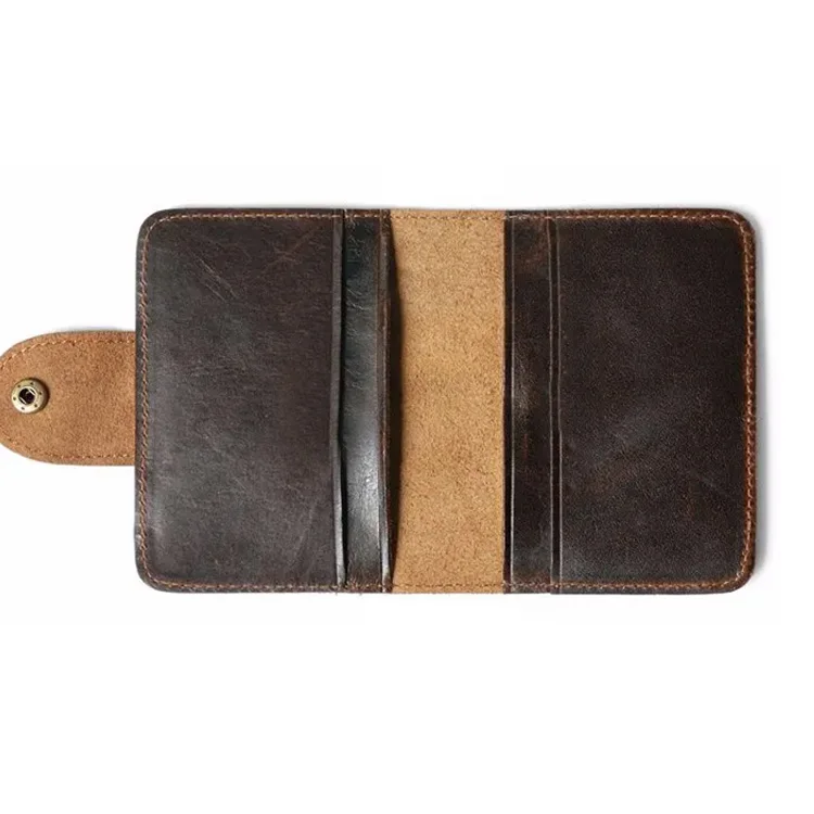 Genuine Leather Card Holder for Men Minimalist Slim Credit Card Case Vintage Mini Wallet Snap Button Organizer