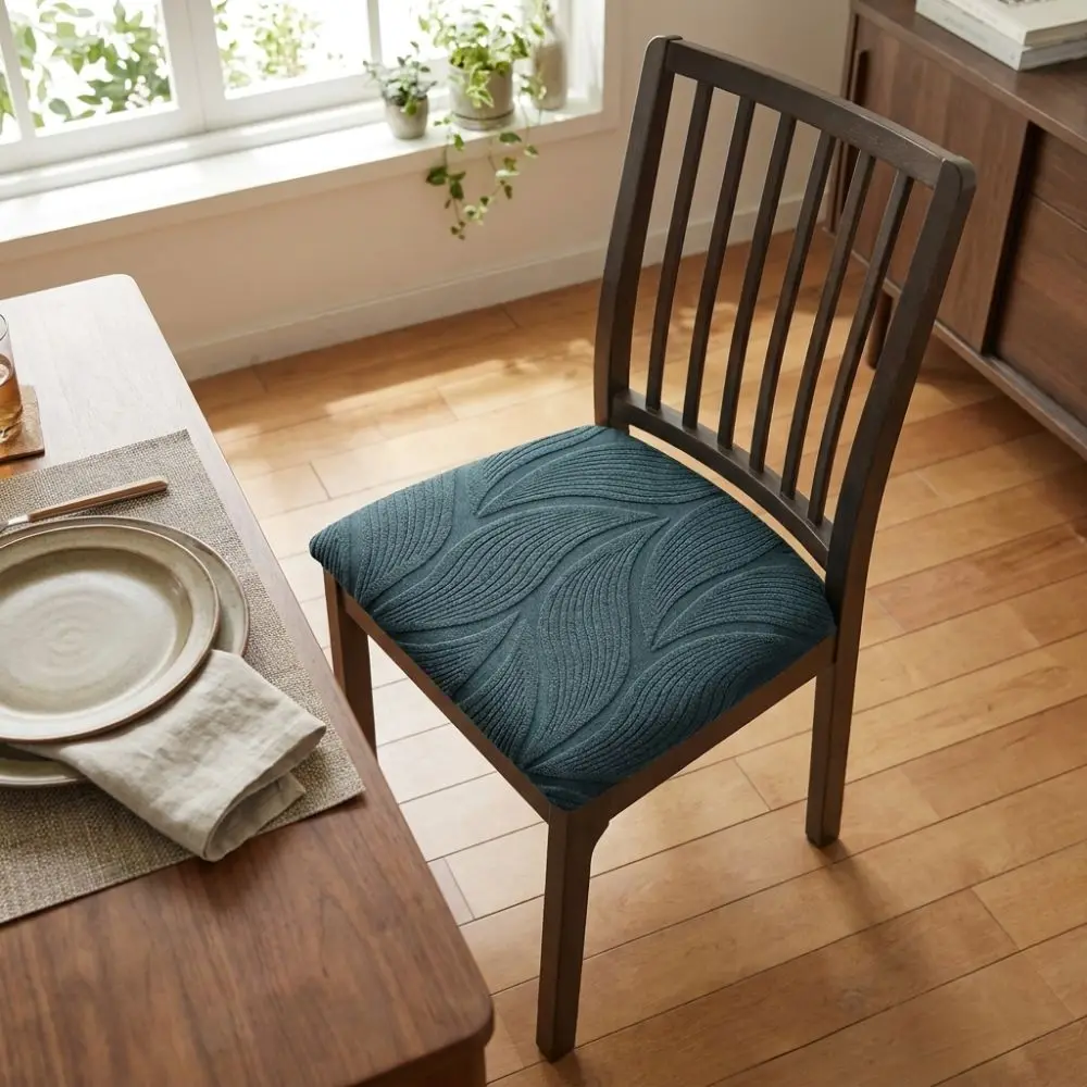 Solid Color Stretch Chair Seat Cover Anti-Slip Dust-Proof Jacquard Chair Cushion Cover Elastic Dining Chair Protector Wedding
