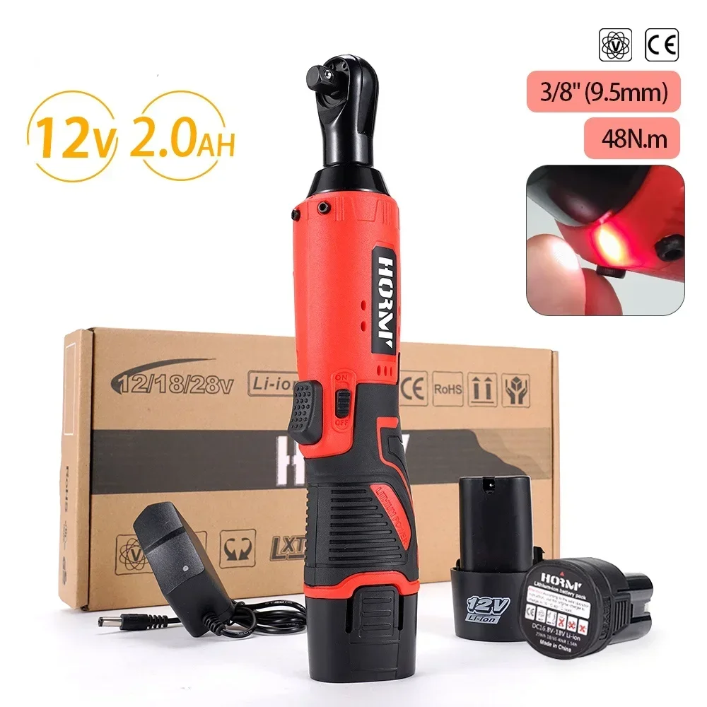 48N.m Cordless Electric Wrench 12V Rechargeable 3/8 Ratchet Wrench Angle Drill Screwdriver to Removal Screw Nut Car Repair Tool