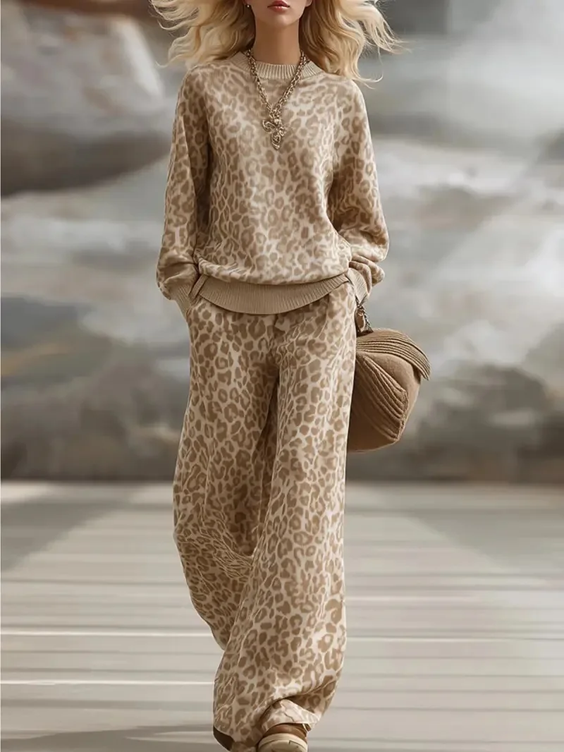 

Women Leopard Print Two Piece Set Long Sleeve Knit Sweater Loose Wide Leg Pants Casual Outfit Fashion Set Stylish Streetwear