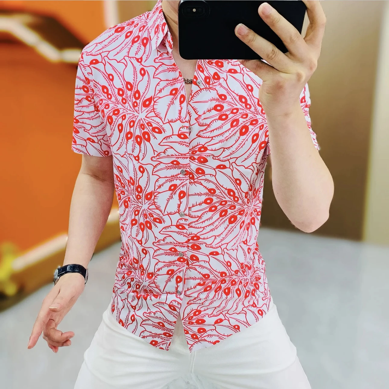 

Summer New Men's Printed ort Sve irt Faionable European Sle Slim Fit Elastic f Sve Personali Top Breathabl...