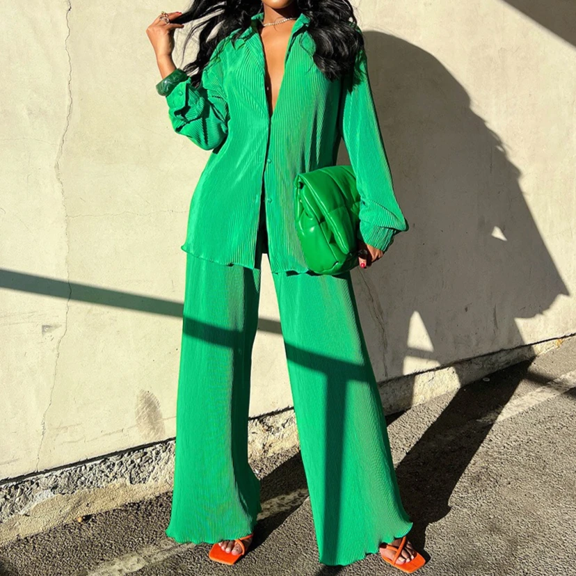 

Women Casual Matching Suits Two Pieces Pant Sets Y2k Button Long Sleeve Pleated Coat Elastic Waist Wide Leg Pants 2025 Summer