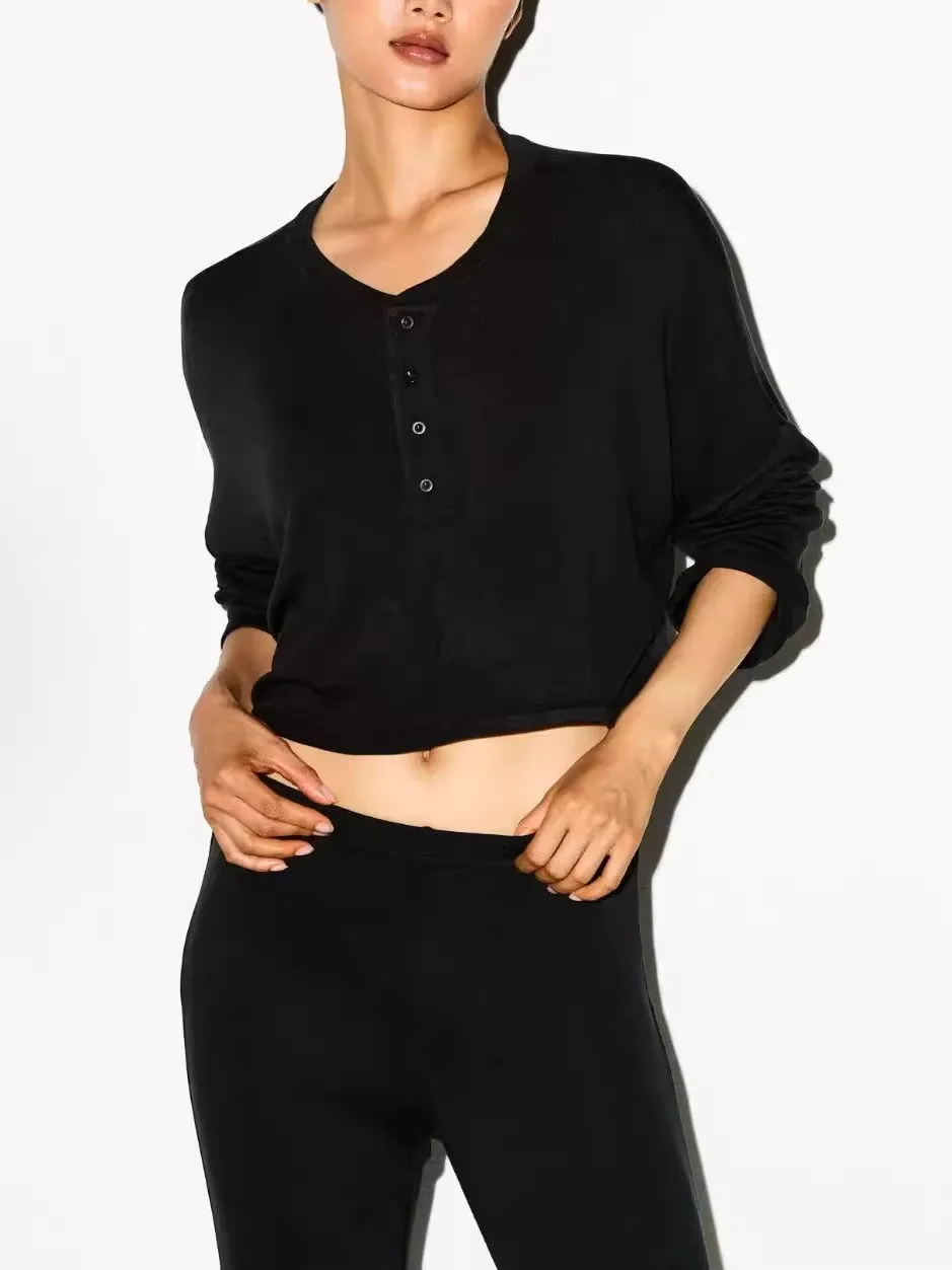 

Casual Loose Long Sve Henry Collar Pure Color irt Women's Faionable Versatile Top Comfortable Breathable Cotton Blend