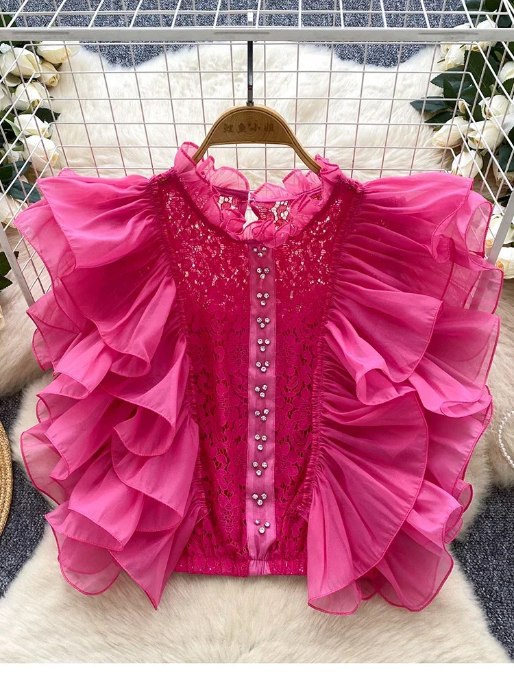 Summer Women's Sleeveless Shirt New Sweet and Sexy Hollow Out Hook Flower Lotus Leaf Edge Elegant Exquisite Blouse Top Trend W51