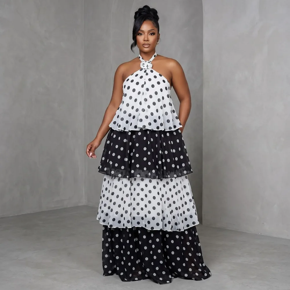 Polka Dot Tiered Maxi Dress Halter Neck 3D Flower Chiffon Ruffle Layered Flowy Dress Women Summer Cocktail Party Elegant Dress