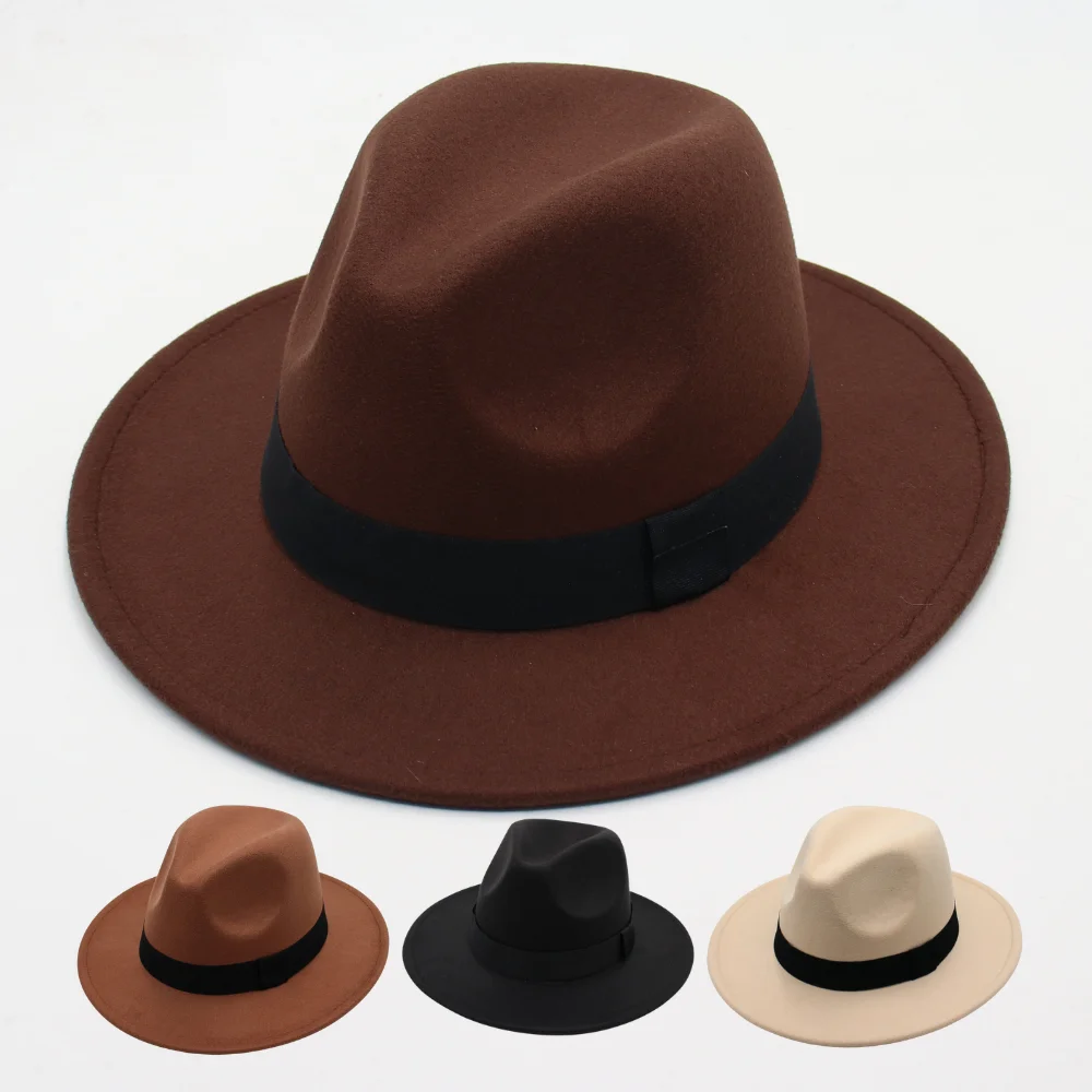 

Classic Black Ribbon Women Fedora Hats Autumn Winter Gentleman Jazz Felt Hat For Men Retro Church Lady Flat Wide Brim Dress Hat