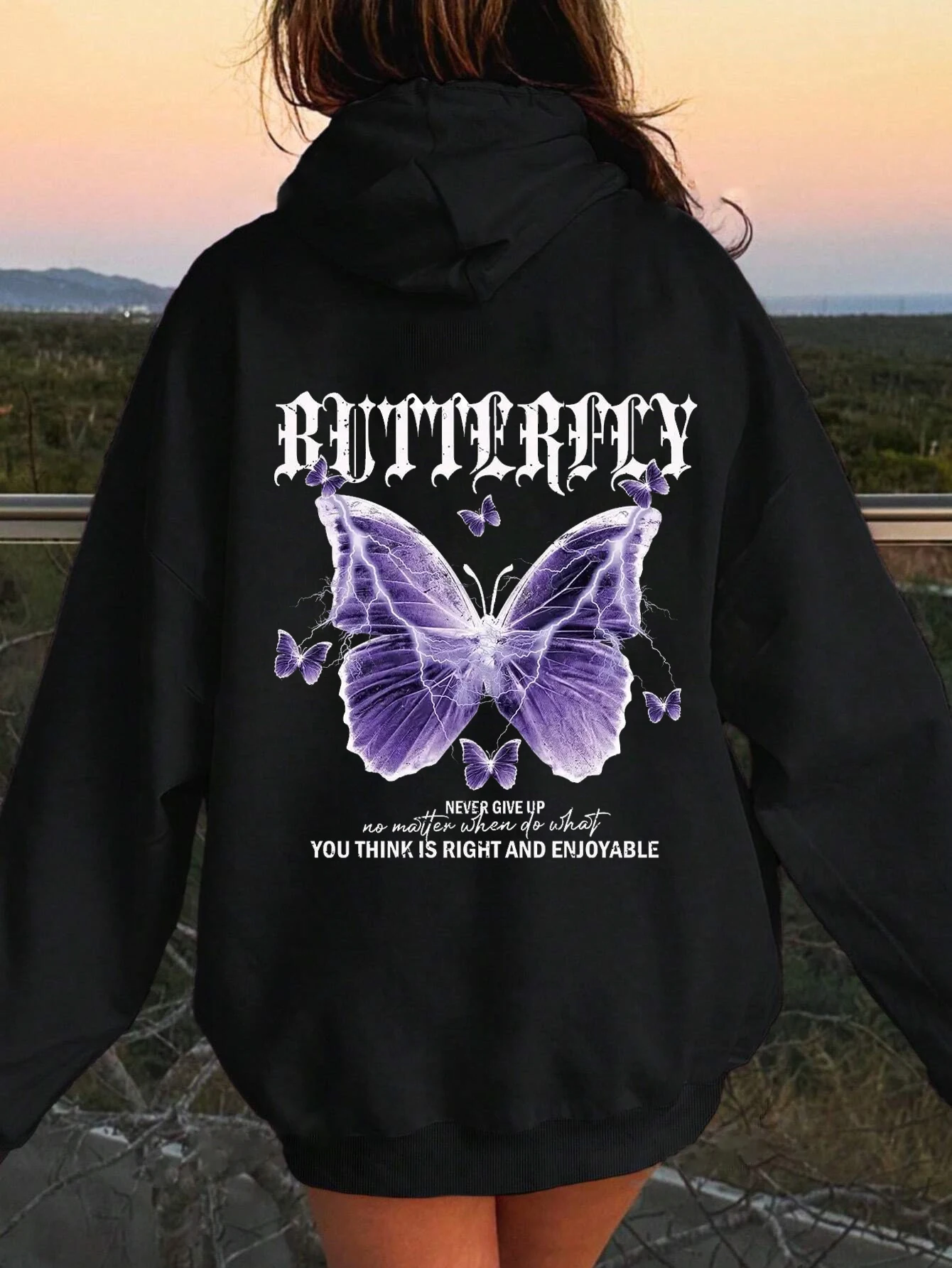 Beautiful Purple Butterfly spider Sun and Moon Sweatshirt Women Fleece High Quality Hooded Simple Casual Hoodies Autumn Loose Ov