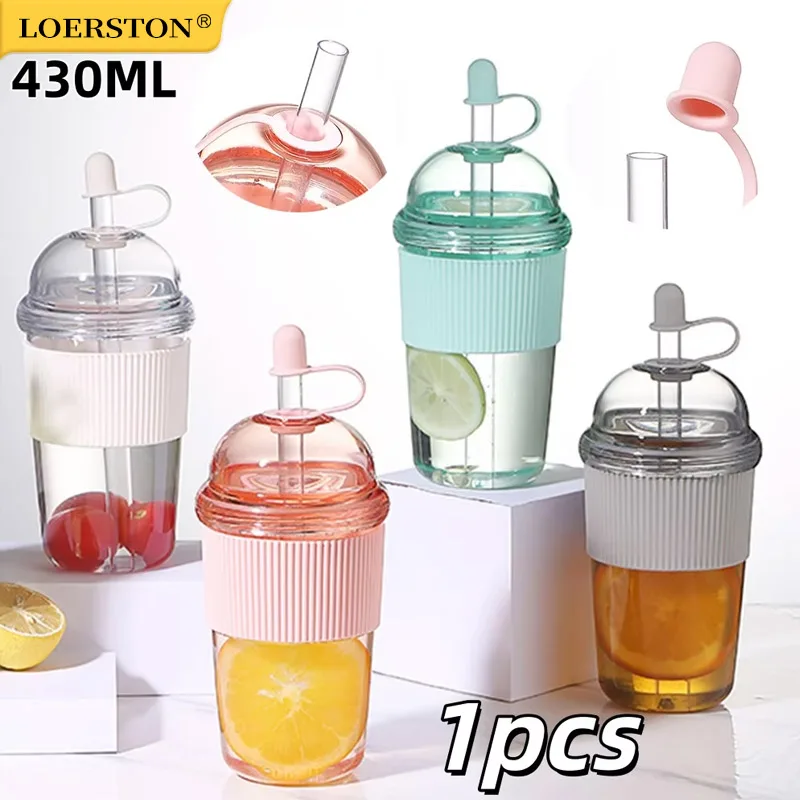 1pc 430ml Portable Flip Straw Cup Plastics Ins Style High-Capacity Water Bottles Tea Coffee Milk Heat-Resistant Juice Jelly Cups