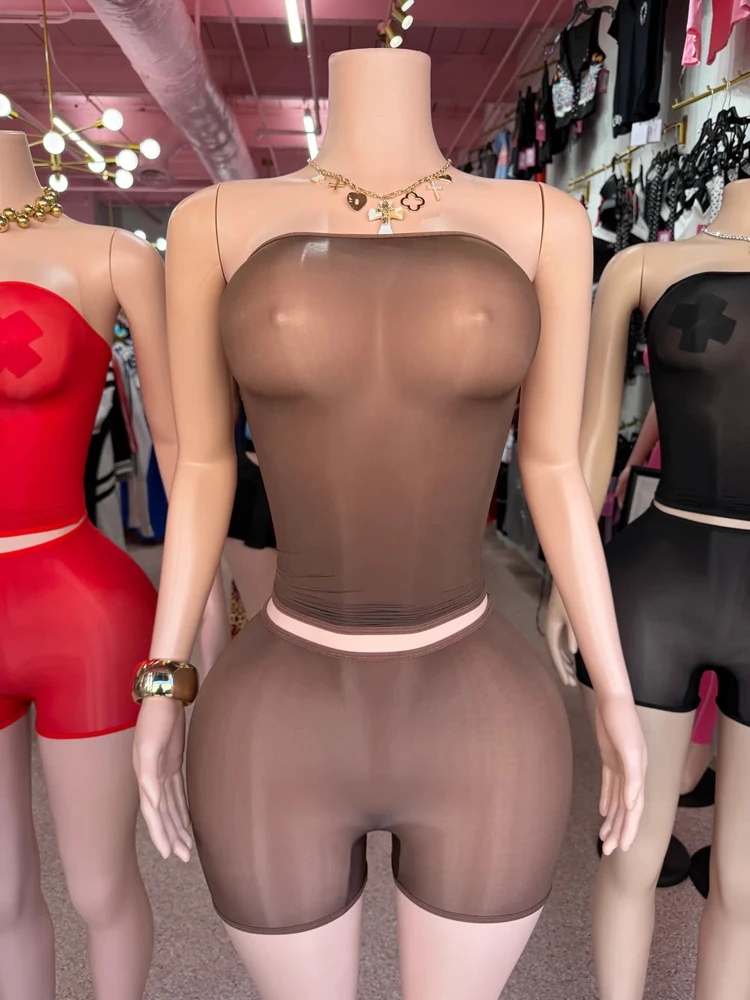 2026 Damen Boutique Trendige Mode 2-teilige Sets Heiße Sexy Trägerlose Mesh Crop Tops Mini Shorts Set Mitternachts-Party Club Outfits – Detail 4