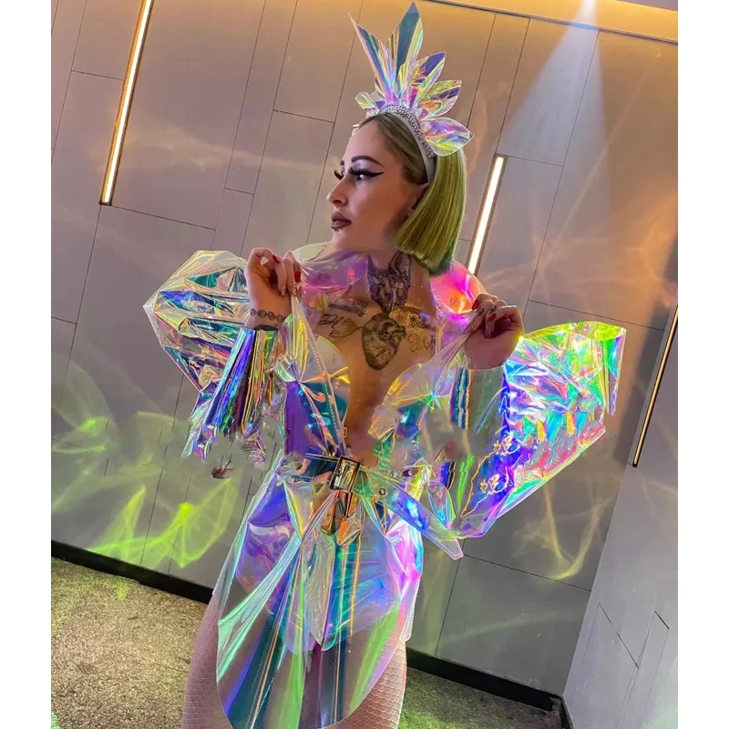 Sexy Drag Queen Costumes New Nightclub Party Technology Symphony Laser Fly Shoulder Festival Stage Costumes Women Laser Costume