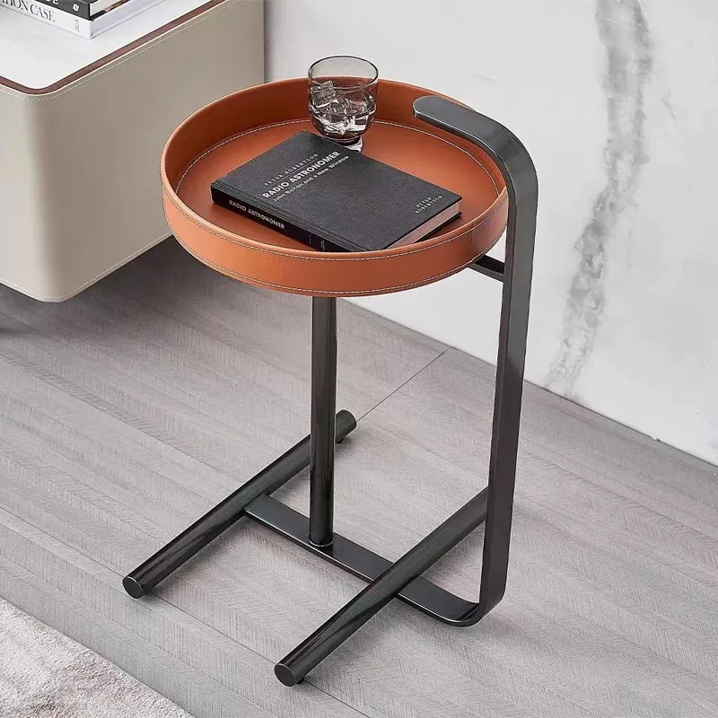 Luxury Saddle Leather Rolling Side Table, Mobile End Table with Wheels, Utility Storage Cart for Living Room
