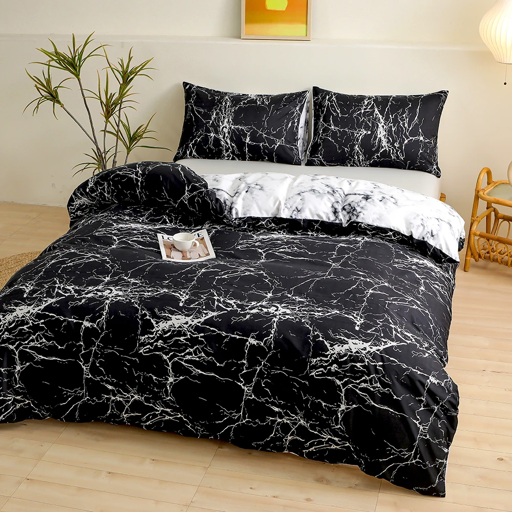 2/3 Piece Black Marble Pattern Sanding Bedding Set, Duvet Cover+Pillowase,Bedroom Bed Set,king Queen Double(Excluding filler)