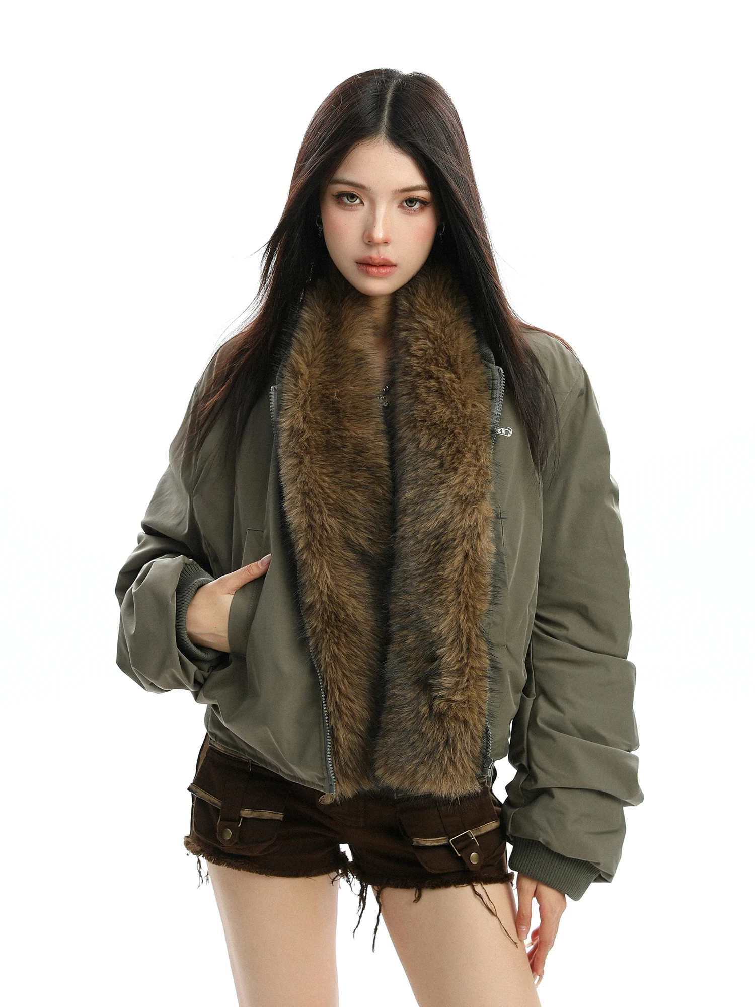 

Thiened ort Cotton Jaet Women's Winter Coat with Big Fur Collar Warm Plu Leatherette Zipper Closure Casual Outerwear