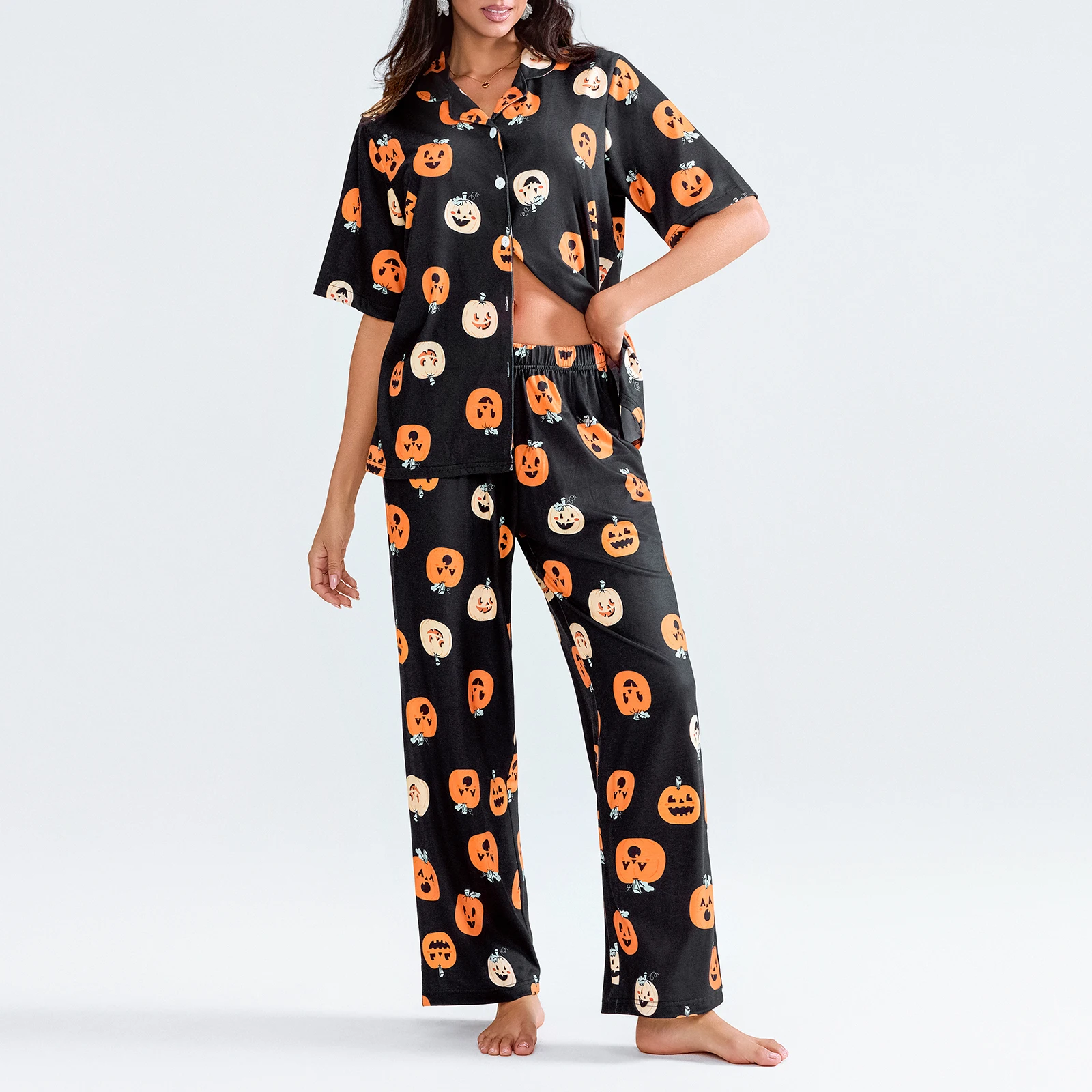 

Women's Clothing Halloween Pajama Set, Pumpkin Print Short Sleeve Button Closure Shirt with Pants Sleepwear Loungewear