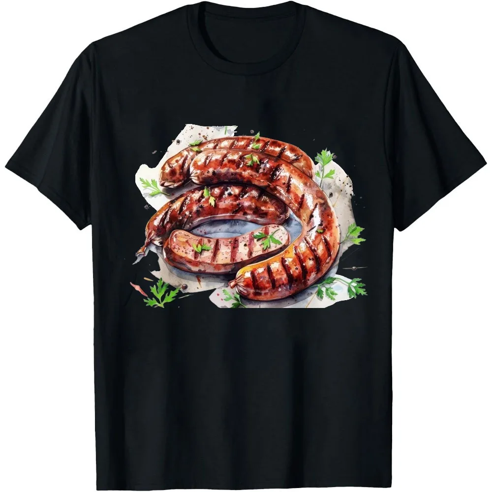 Watercolor Grilled Sausages Parsley Decor Graphic Men Summer T Shirt Barbecue Meat Gourmet Lover Casual Short Sleeve Apparel