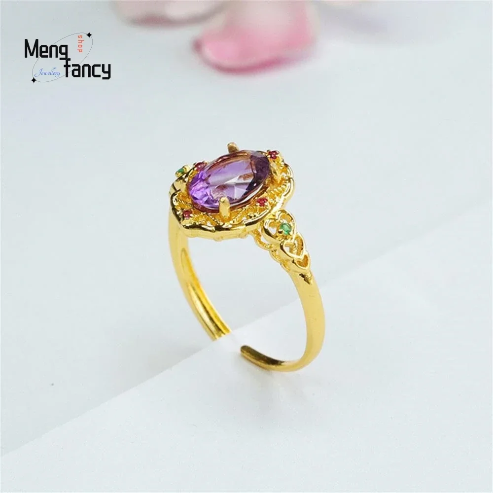 Natural Amethyst Simple Exquisite Ring Coloured Gemstone High-grade Elegant Luxury Fashion Jewellery Couple Promise Holiday Gift