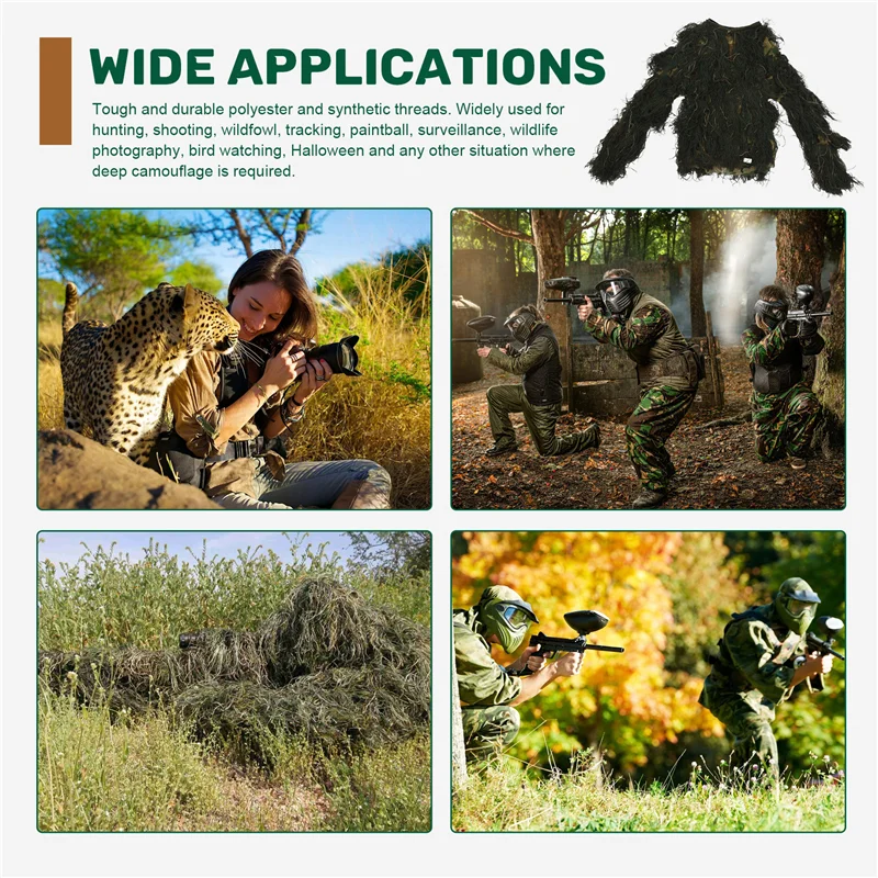 ABHS-5 In 1 Ghillie Suit,3D Camouflage Outdoor Hunting Apparel Including Jacket,Pants,Hood,Carry Bag For Adults Kids Youth