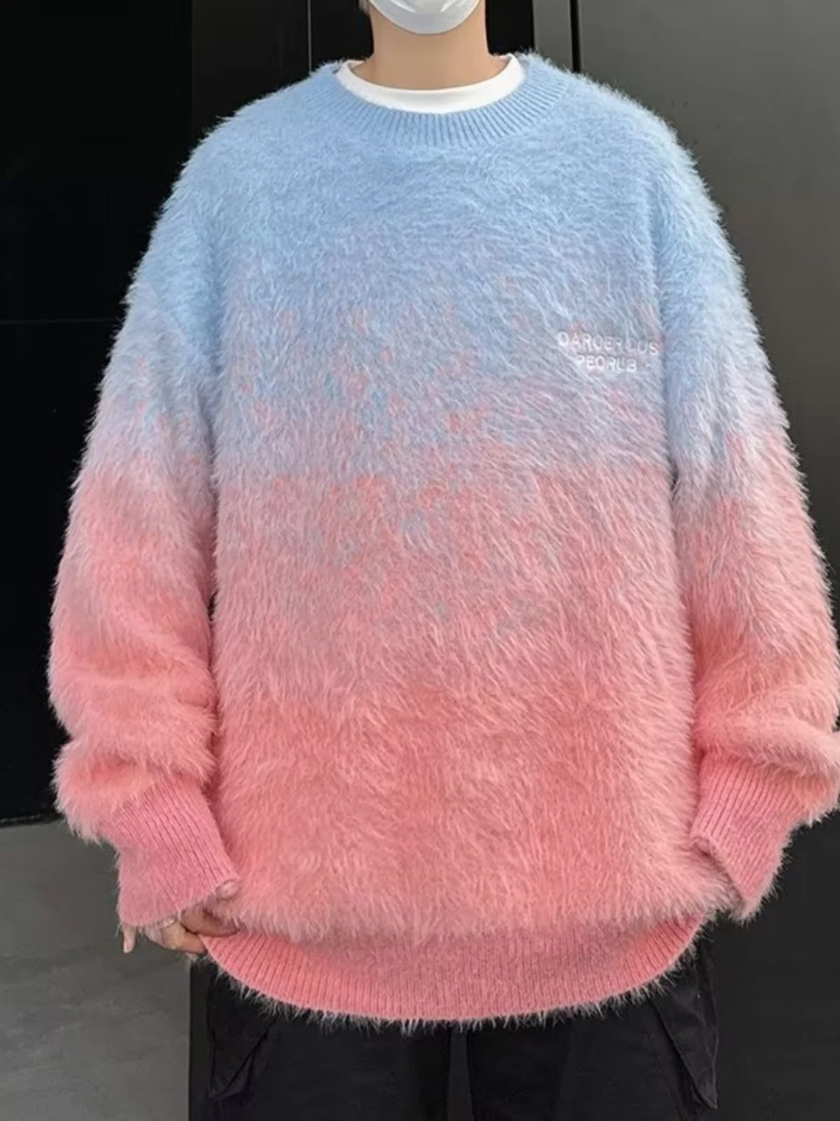 

Retro adient Pink Camere round Ne Knitted Sweater Men's Trendy Loose Bf Versatile Lazy Sle Couple Sweater Spring Autumn