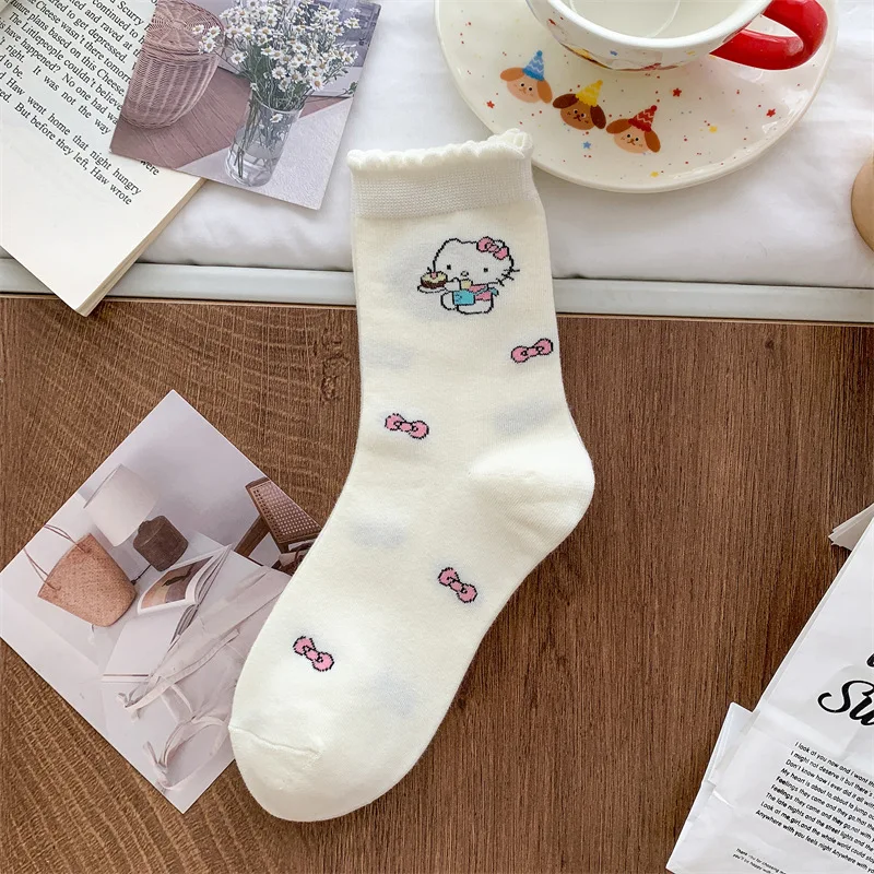 Очаровательные носки с принтом котенка, женские весенне-летние кружевные носки с бантом