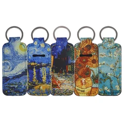 Van Gogh Art Painting Lip Balm Holder Keychain Clip On Lipstick Sleeve Holder Women's Key Rings Bag Charms Travel Accessories