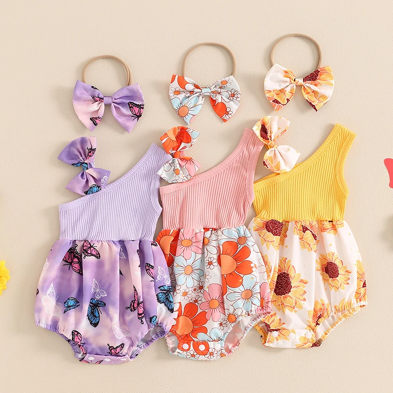 

Summer Baby Girls Rompers Flower Print Infant Romper Sleeveless Bow Strap Playsuit Jumpsuits+Headband Fashion Baby Clothes