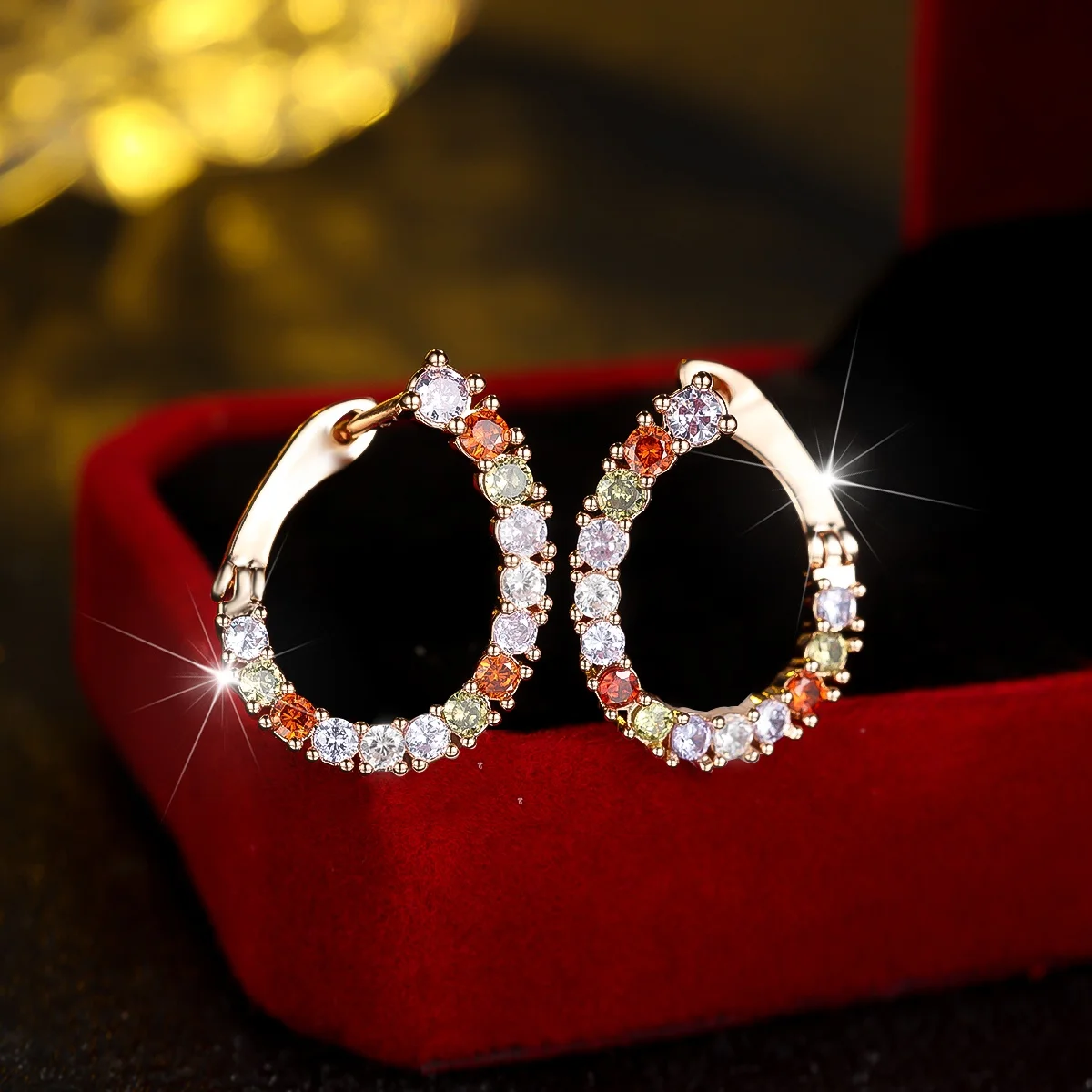 Crystal Rainbow Zircon Stone Hoop Earrings For Women Vintage Gold Color Wedding Jewelry