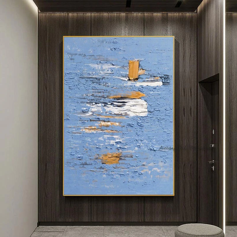 Handpainted Vertical Textured Cool Blue Abstract Painting Minimalist Neutral Art For Entryway Home Decor