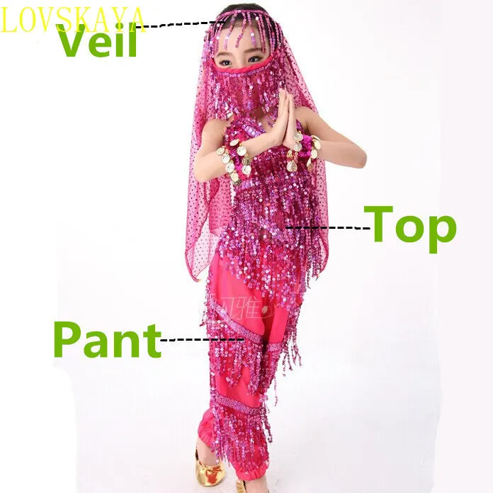 Costume di danza del ventre per bambini e bambini. I costumi di danza del ventre per ragazze sono disponibili in 4 colori tra cui scegliere