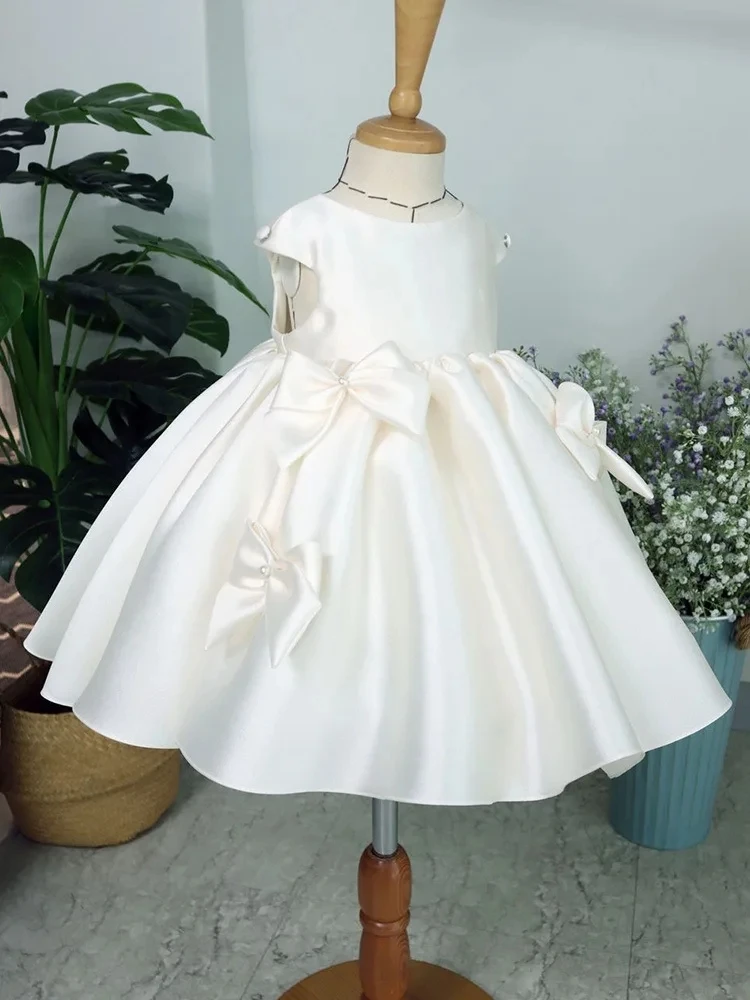 Vestidos de princesa de Color liso para niños, ropa de verano de lujo con lazo de Boda sin mangas, vestido de noche de cumpleaños para niñas blancas