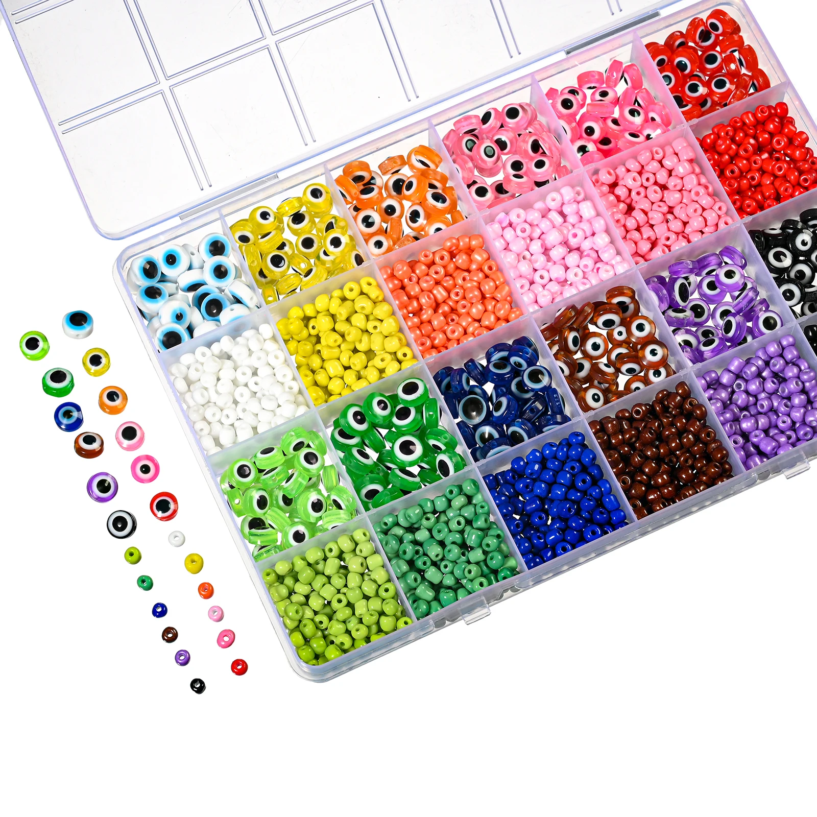 2160pcs/Box 2/3mm Seed Beads 8mm Evil Eye Spacer Beads Set With Scissors 2 Rolls Elastic Cords And Tweezers For Jewelry Making