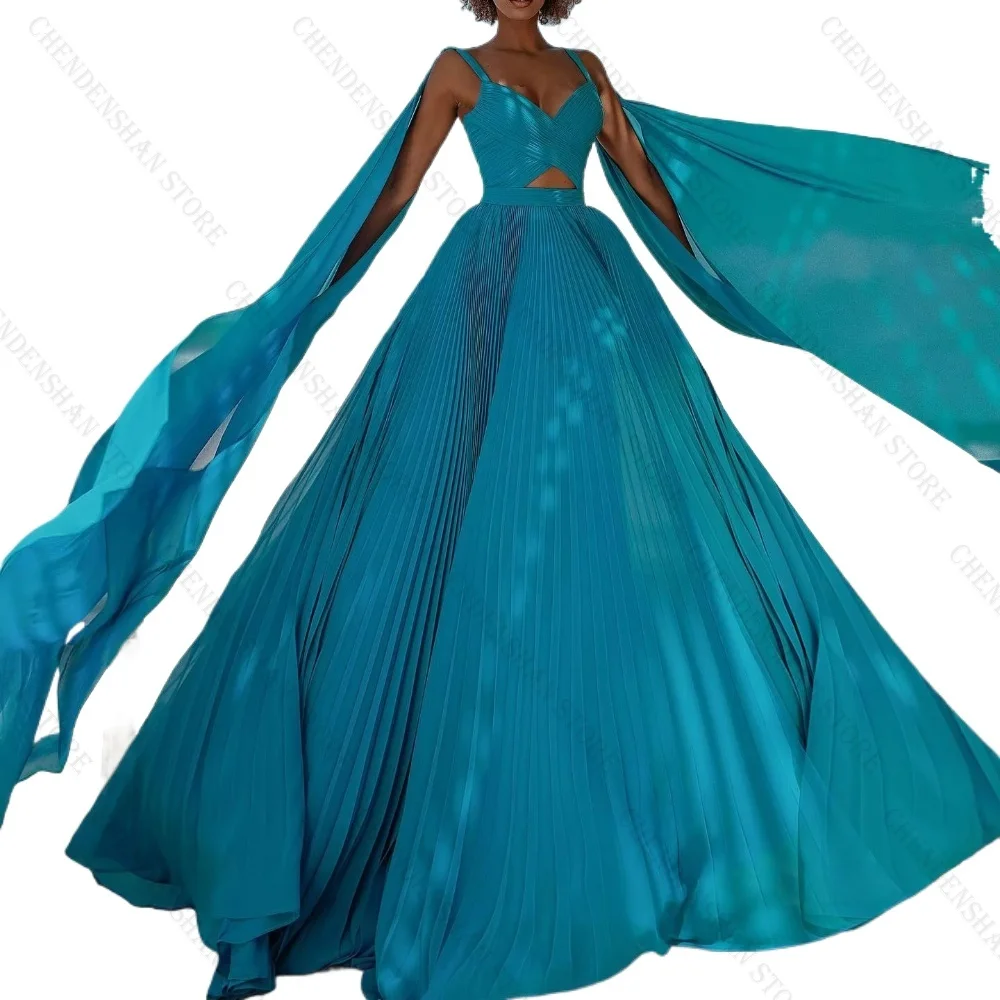 Blue Chiffon A-Line Pleated Gorgeous Prom Dress V-Neck String Strap Sexy Evening Party Gowns For Women Custom Robes De Soirée