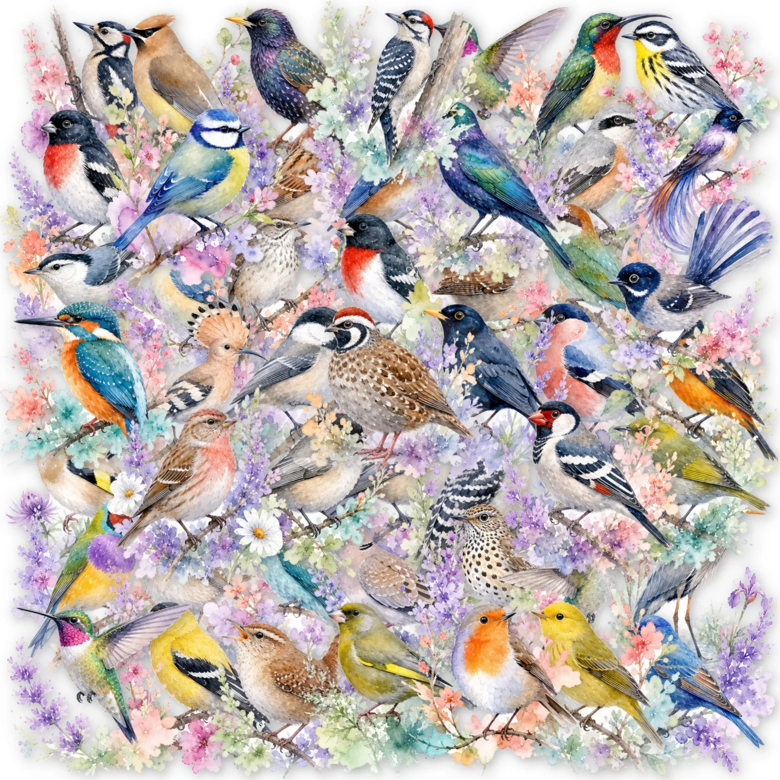 50 Pcs Forest Watercolor Bird PET Stickers Colorful Bird Lavender Floral Artistic Waterproof Decals for Notebook Water Bottles