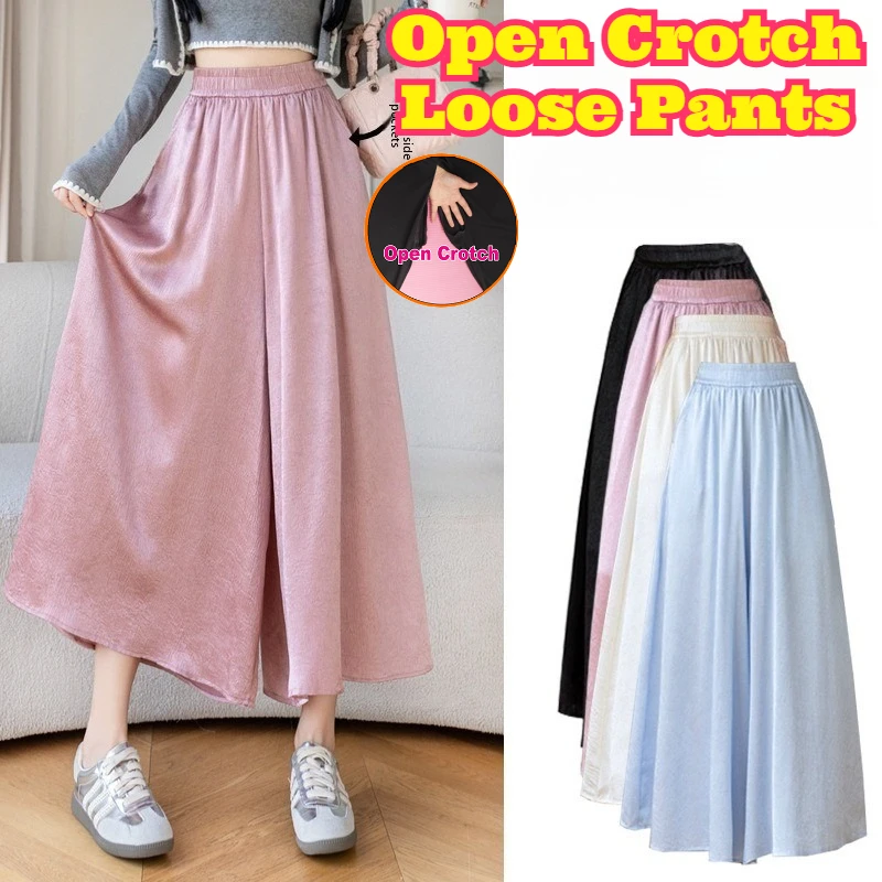 

Open Crotch Ice Silk Wide Leg Pants Plus Size Satin Like Dopamine Summer Loose Breathable Casual Pants Pocket Ankle Length Soft