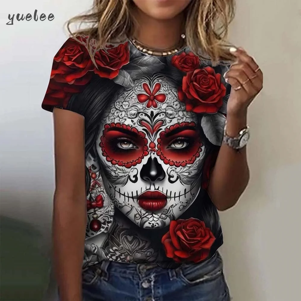 

Модная сексуальная футболка для девочек с 3D принтом для женщин, футболки с рисунком ужасов и черепа, летние повседневные свободные футболки с круглым вырезом и короткими рукавами