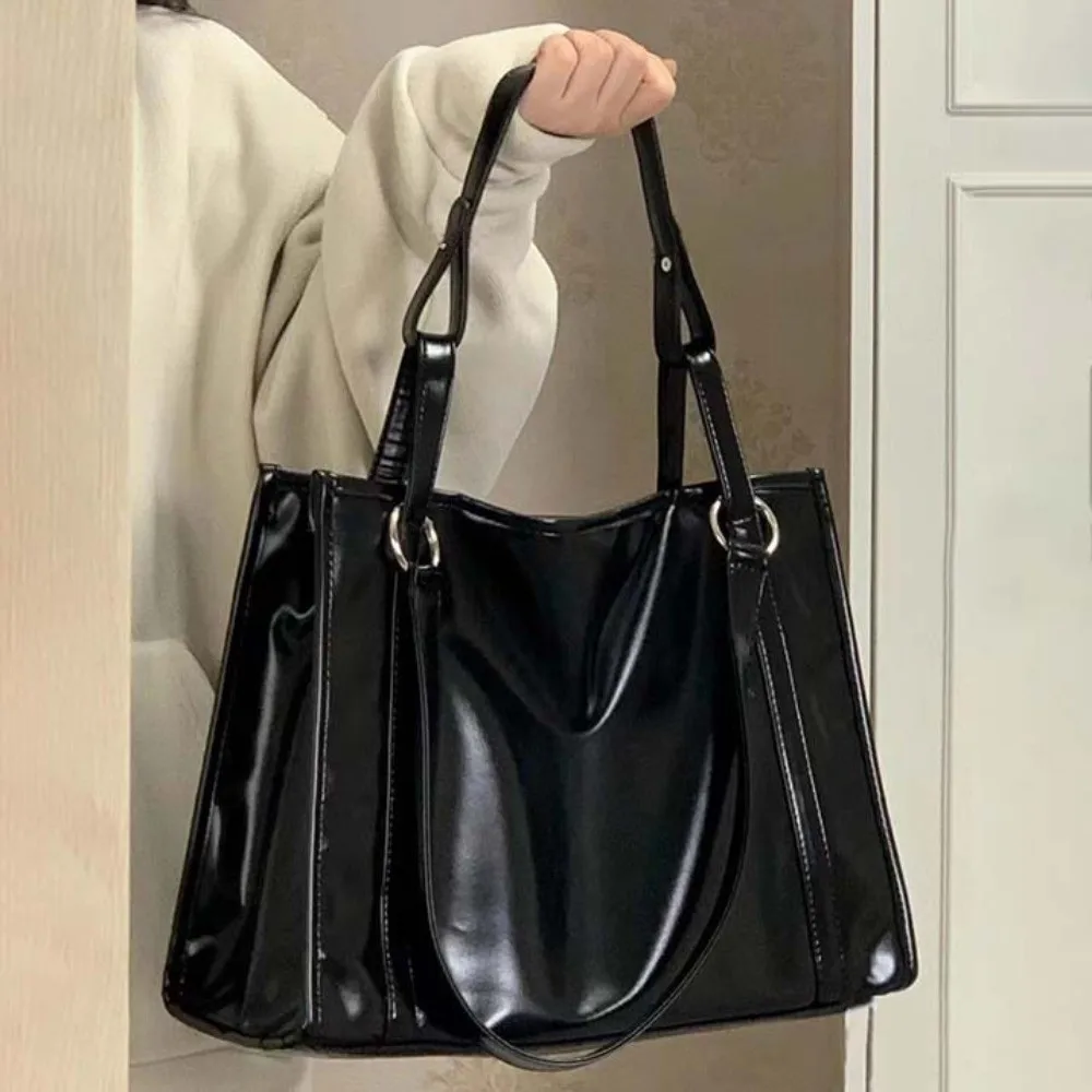 

Trendy Underarm Bag Black Tote Bag Large Capacity Business PU Leather Shoulder Bag Black Solid Color Large Handbag Girls Gift