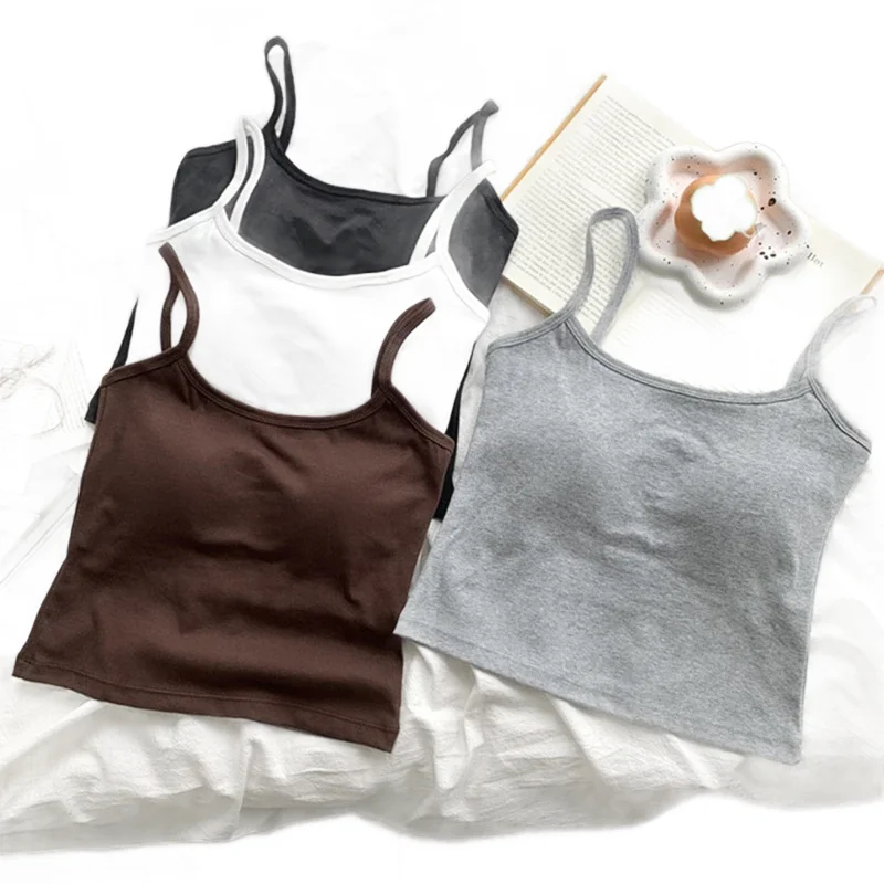 KUCLUT Women's Camisole With Built In Bra Pads Slim Fit Crop Tank Top Basic Spaghetti Strap Cami Casual Summer Sleeveless Top