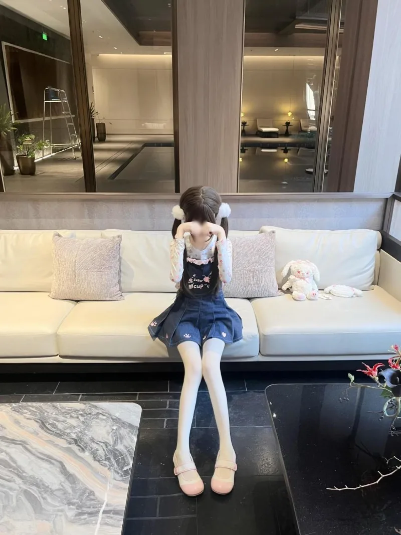 لطيف Kawaii فتاة الحد من العمر بأكمام طويلة الدانتيل المرقعة س الرقبة سليم طباعة أعلى الكتف الأشرطة الخصر Cinching تنورة مجموعات الصيف