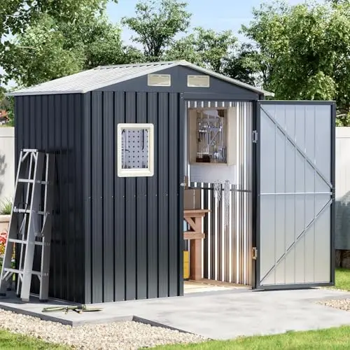 Update Version 6x4 FT Outdoor Metal Storage Shed, Single Door, 1 Clear Window, Tool Shed for Garden, Patio, Backyard