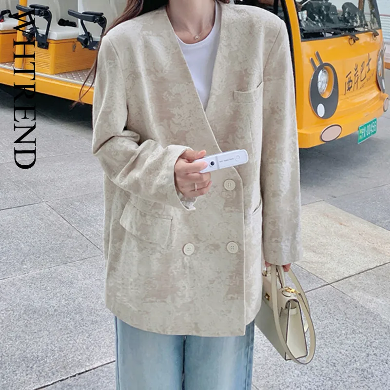 

WHTREND Jacquard Blazer For Women V Neck Double Breasted Chic Jacket Coats Spring Autumn New WH2094