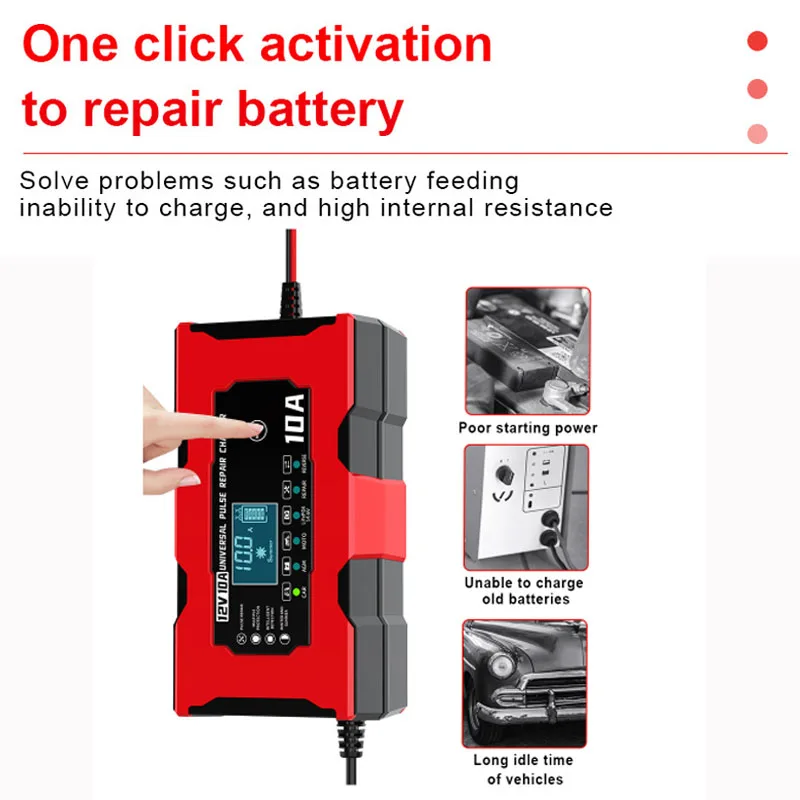 Caricabatteria da auto 12V 10A per Lifepo4 piombo acido AGM GEL PB caricabatteria da auto caricabatteria da auto riparazione a impulsi caricabatterie intelligente Display LCD