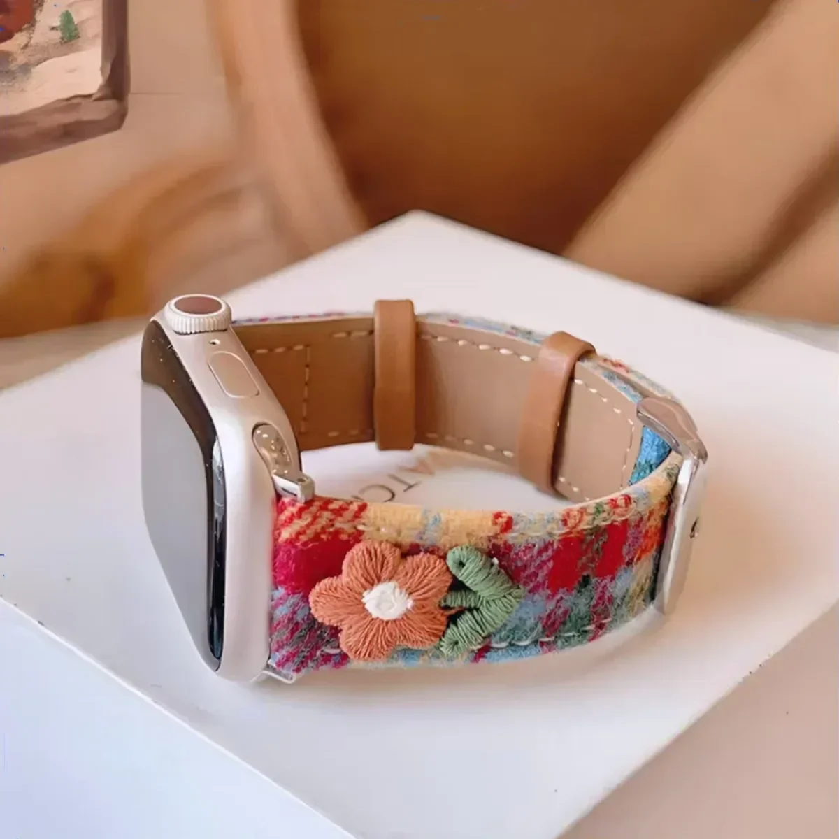 Flower Plaid Woolen PU Leather Band for Apple Watch S10 42/46mm 41/45 40/44 Women Bracelet Strap for iWatch 49Ultra 9 8 7 38/42