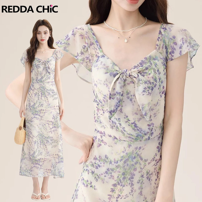 REDDACHiC Purple Lilacs Chiffon Dress Summer Fly Sleeves Knotted V-neck Flowy Maxi Long One-piece Korean Women Everyday Wear