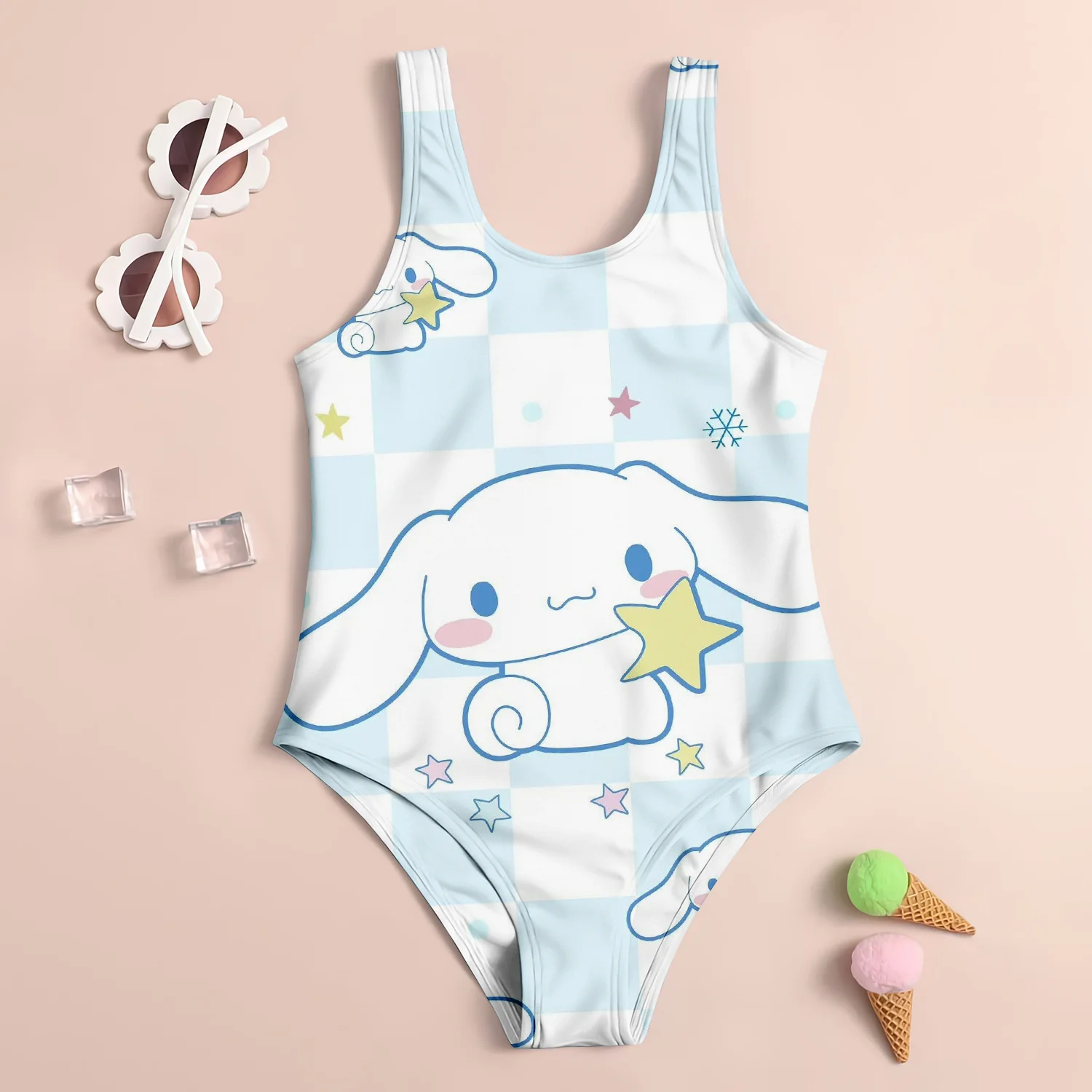 2024 MINISO New Girl Summer One-Piece Swimsuit Fashion Cartoon Cute Cinnamoroll Print Women Swimwear Sleeveless Swim Clothing