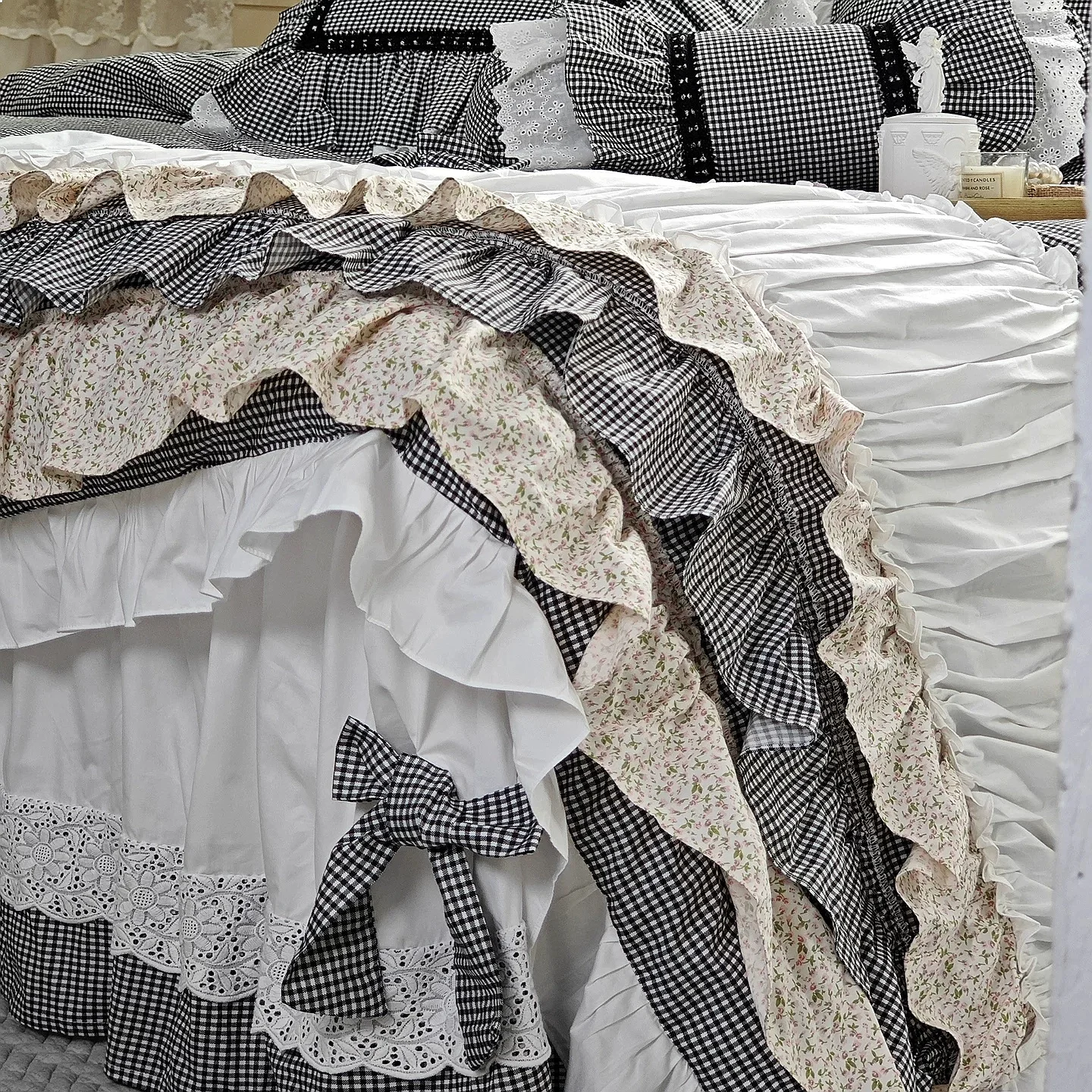 French Korean Princess Heavy Lace Bow Cotton Bed Skirt 4Pcs Bedding Set