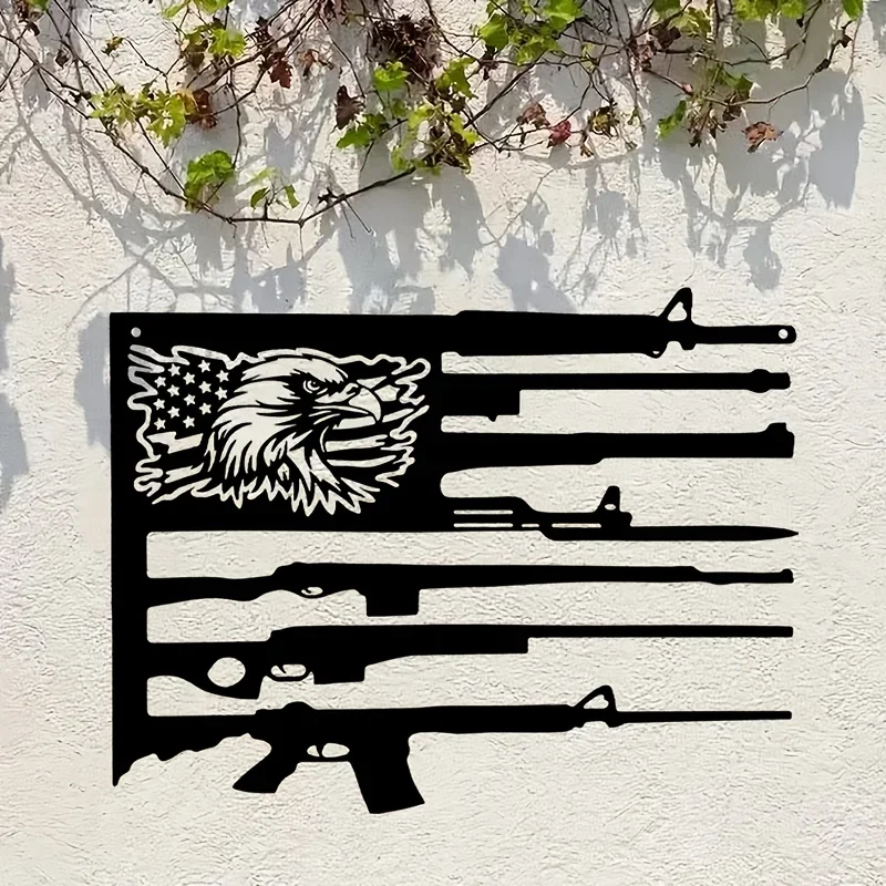 Classic Patriotic American Flag Eagle and Gun Metal Wall Sculpture, Gun Enthusiast Emblem, Durable Flag Eagle Metal Wall Decor